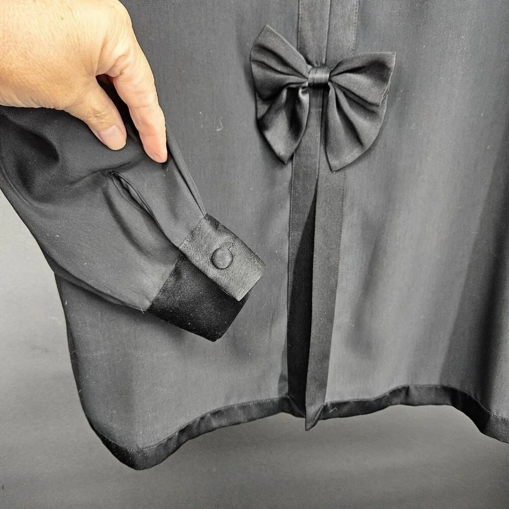 Vintage Christie and Jill Shirt Blouse Women Medium Black Bow Satin Trim 90s NEW - Picture 3 of 10